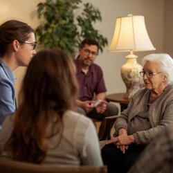 badante di 50 anni che fa un colloquio di lavoro coi familiari di una persona anziana 2 badante di 50 anni che fa un colloquio di lavoro coi familiari di una persona anziana 2